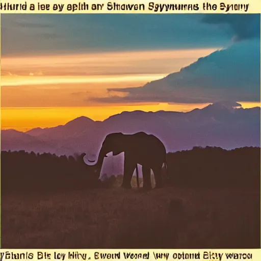 Prompt: a heroic elephant watching yesterday's sunset over the mountains in the style of synthwave