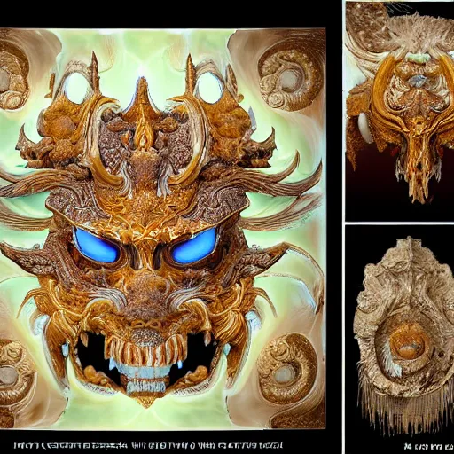 Image similar to 3 d demon close up frontal view, portrait, astral, with ram golden skull. beautiful intricately detailed japanese fractal kitsune mask, water and clasical japanese kimono. betta fish, jellyfish fractal, bio luminescent, plasma, ice, water, wind, creature, mandelbulb, fractal, artwork by tooth wu and wlop and beeple and greg rutkowski