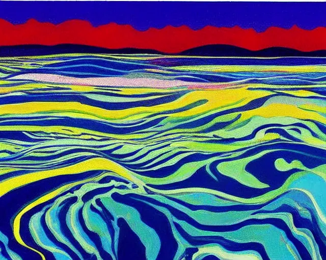 Prompt: A wild, insane, modernist landscape painting. Wild energy patterns rippling in all directions. Curves, organic, zig-zags. Saturated color. Mountains. Clouds. Rushing water. Waves. Sci-fi dream world. Wayne Thiebaud. Lisa Yuskavage landscape.