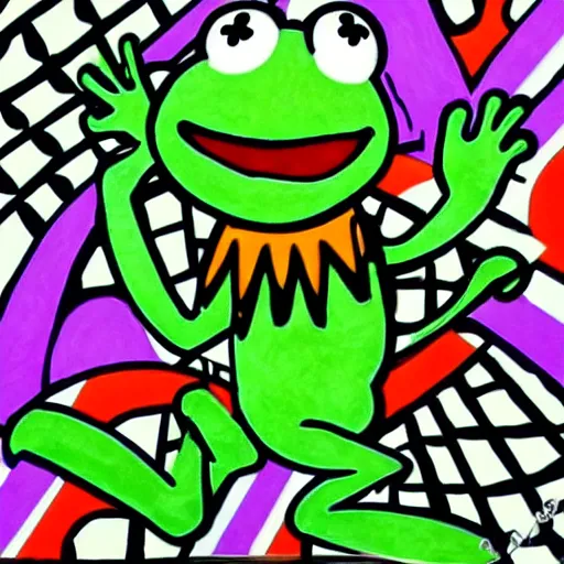 Image similar to kermit the frog in the style of romero britto