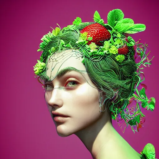 Prompt: the portrait of an absurdly beautiful, graceful, elegant, sophisticated woman made of strawberries and green petals, an ultrafine hyperdetailed illustration by irakli nadar, intricate linework, bright colors, octopath traveler, final fantasy, unreal engine 5 highly rendered, global illumination, radiant light, detailed and intricate environment