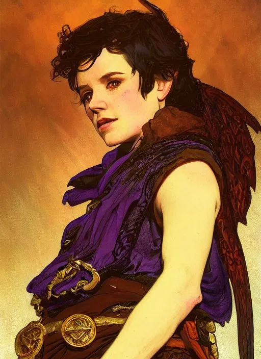 Prompt: a gender neutral halfling with golden angel wings, wearing and a purple smoking jacket, short brown hair. fantasy concept art. moody epic painting by james gurney, and alphonso mucha. artstationhq. painting with vivid color. ( dragon age, witcher 3, lotr )