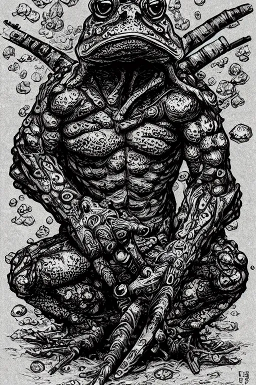 Prompt: humanoid frog warrior, toad themed, bog, symmetrical, highly detailed, digital art, sharp focus, trending on art station, kentaro miura manga art style