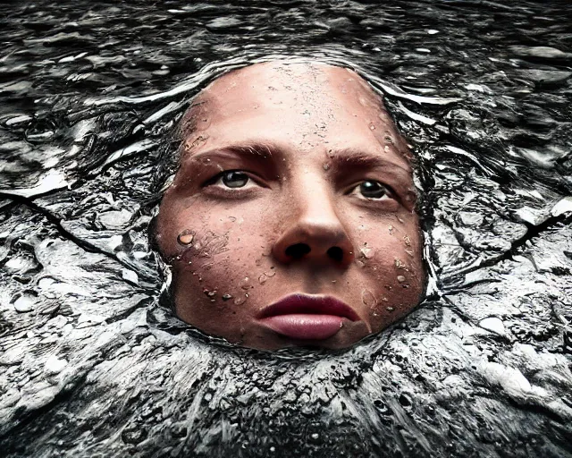 Prompt: water art manipulation of a realistic human head coming out of the ground, surreal, hyper realistic, ray tracing, realistic water, sharp focus, 8 k resolution, cinematic