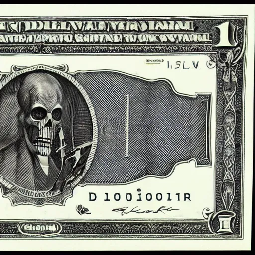 Image similar to dollar note with grim reaper, black ink on white paper