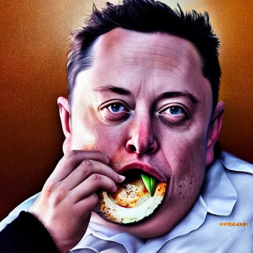 Image similar to stunning award winning hyperrealistic hdr 8 k highly detailed portrait photo of morbidly obese elon musk eating a rocket