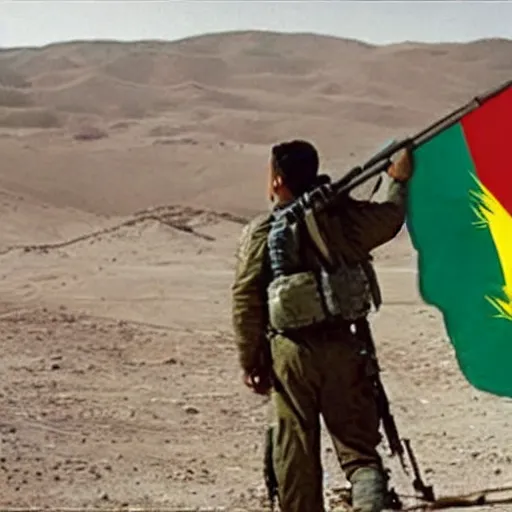 Image similar to kurdish astronaut holding a kurdistan flag in a movie directed by christopher nolan, movie still frame, promotional image, imax 7 0 mm footage