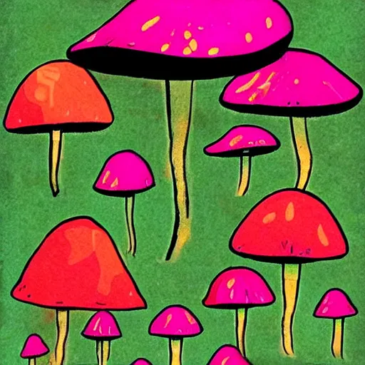 Prompt: mushrooms are the actual flying saucers, hallucination, psychedelics, dreamy, groovy, modern,