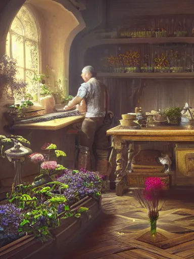 Prompt: a magical male socerer, working in a table with rare artifacts. weeds and flowers growing on the floor. intricate, elegant, highly detailed, digital painting, artstation, concept art, sharp focus, illustration, by justin gerard and artgerm, 8 k