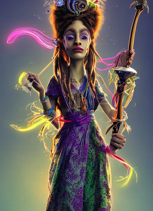 Image similar to an anthropomorphic beautiful goddess female wizard portrait holding weapon wearing colourful robe, dreadlock breed hair, fine art, award winning, intricate, elegant, sharp focus, octane render, hyperrealistic, cinematic lighting, highly detailed, digital painting, 8 k concept art, art by jamie hewlett masterpiece, trending on artstation, 8 k