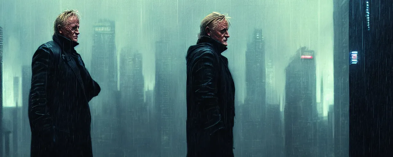 Prompt: duotone tech noir concept illustration 3 / 4 portrait of rutger hauer as roy baty in blade runner on rooftop in rain. cinematic volumentric lighting. accidental renaissance. by sachin teng and sergey kolesov and ruan jia and heng z. graffiti art, scifi, fantasy, hyper detailed. octane render. concept art. trending on artstation