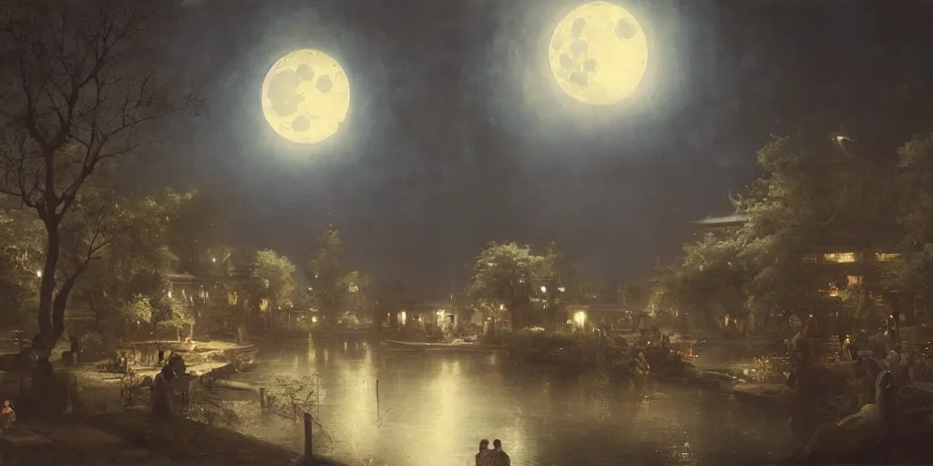 Image similar to an asian outdoor garden, family sitting at dining table center frames, full moon on the sky, the night is late, by andreas achenbach, artgerm, mikko lagerstedt, zack snyder, tokujin yoshioka