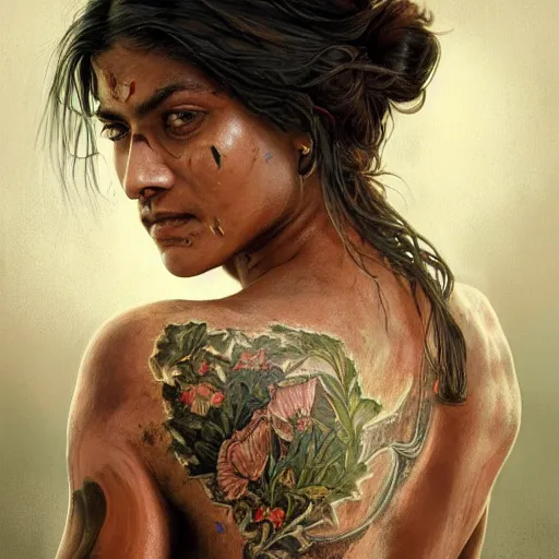 Image similar to zoomed out portrait painting of a muscular bloodied bengali woman, tattooed, lower back, ultra realistic, concept art, intricate details, eerie, highly detailed, photorealistic, octane render, 8 k, unreal engine. art by artgerm and greg rutkowski and alphonse mucha