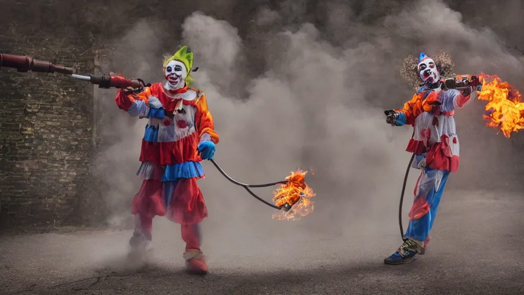 Prompt: photo of a clown using a flamethrower. Daylight. award-winning, highly-detailed, 8K