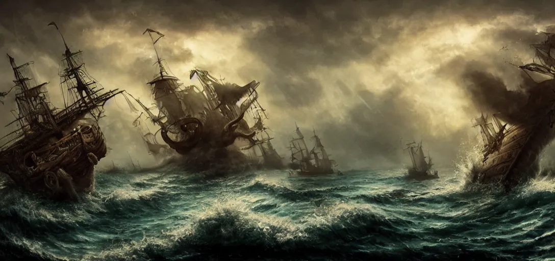 Image similar to sea monster attacking a pirate ship, cinematic, atmospheric, detailed