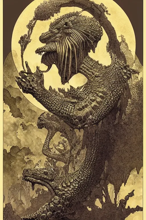 Image similar to beautiful crocodile headed god by maxfield parrish, mandala, coherent design, digital watercolor ink illustration painting, extremely dull colors, golden ratio, detailed, sharp lines, sharp focus, intricate, artgerm, gustave dore, alphonse mucha, octane render