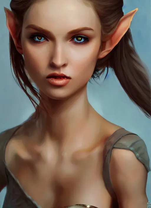 Image similar to A hyperrealistic portrait painting of a hot young female elf with stunning body, DAZ, deviantart, artstation