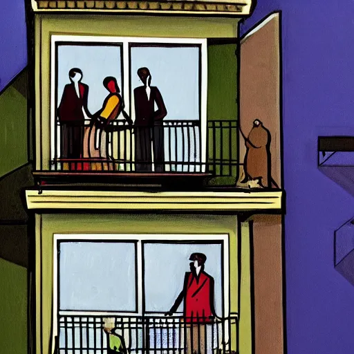 Prompt: painting of a rich man and woman sitting on the balcony of an apartment building in nyc watching the people below as they run away from zombies