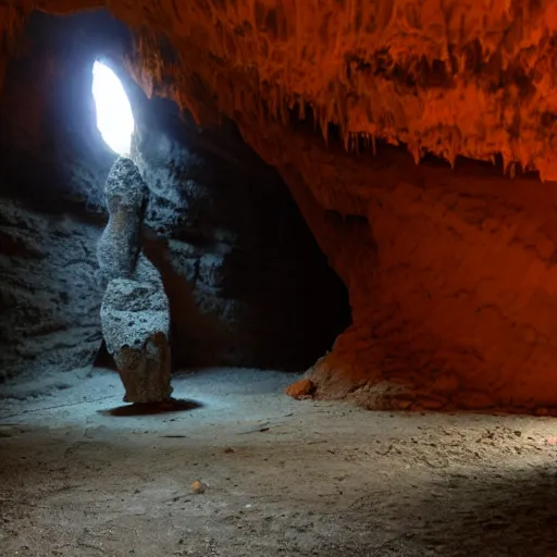 Prompt: photo inside a cave of a building and a giant orange glowing transparent shadow humanoid of one thousand feet of height