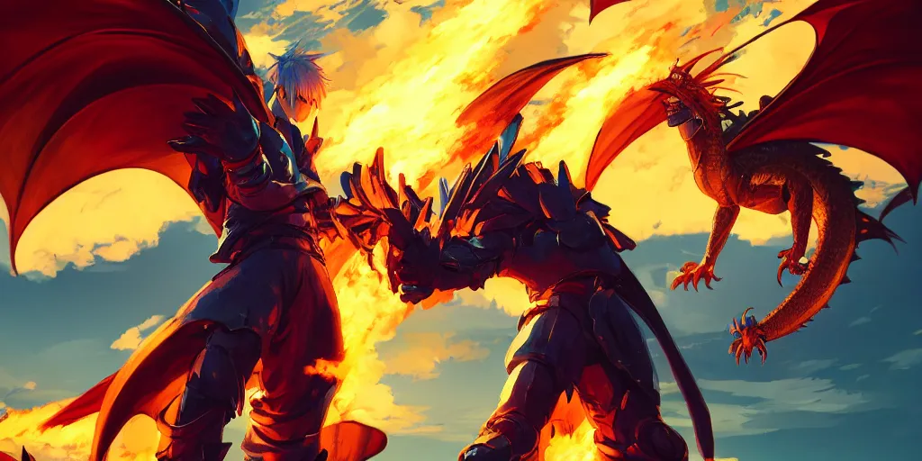 Image similar to dragon spits fire on a blue knight holding a gold sword, green hatchback car screen left, low wide angle, anime, desert landscape, greg rutkowski, Murata, one punch man manga, cinematic, digital art, hyper realistic