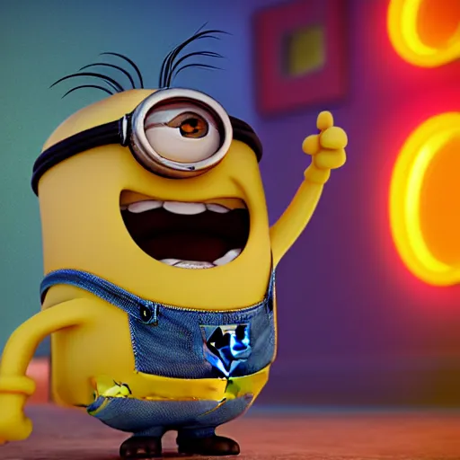Prompt: Minion giving a thumbs up, photorealistic, hyper detailed, 8k, happy, excited, joy, crazy. Bright colors. Rendered in Unreal Engine. Trending on Artstation, DeviantArt
