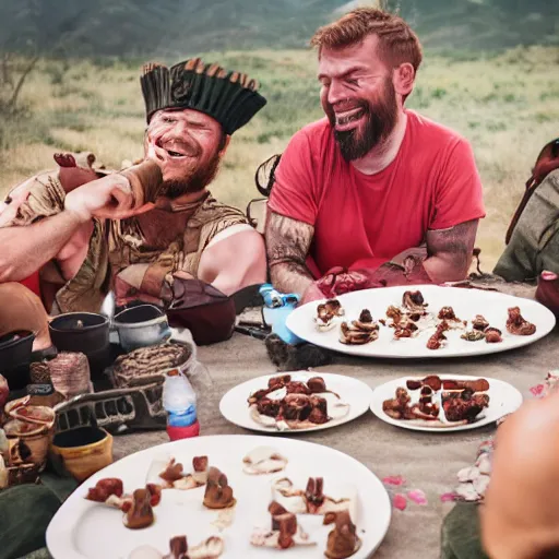 Image similar to a picture of camp of warrior in dessert take a break, and laugh each other, smooth rendered, hyperrealistic, canon eos c 3 0 0, ƒ 1. 8, 3 5 mm, 8 k, medium - format print