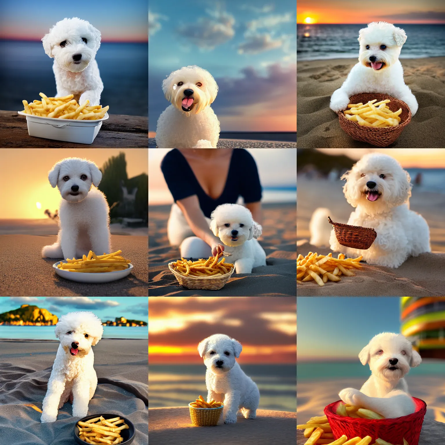 Image similar to a photorealistic photograph of a smiling knitted white bichon puppy eating basket of french fries during sunset at the beach Trending on artstation, featured on Behance, well-rendered, Unreal Engine, 4K HD