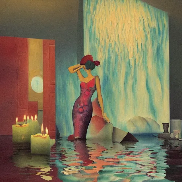 Image similar to tall female artist holding art supplies in her flooded kitchen, pomegranates, octopus, water gushing from ceiling, painting of flood waters inside an artist's apartment, a river flooding indoors, candles, ikebana, zen, rapids, waterfall, black swans, canoe, berries, acrylic on canvas, surrealist, by magritte and monet