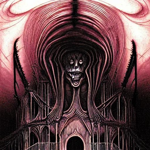 Prompt: strange horror house by junji ito, hugh ferriss, lee madgwick, alex grey and gustave dore ; spiralled blood red and smoke black art nouveau architecture ; in the style of gothic art. wes benscoter. imposing, evil, biblical hell.