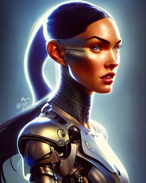 Image similar to weta disney pixar movie still portrait photo of megan fox as cyborg woman by pixar, by weta, wlop, ilya kuvshinov, rossdraws, artgerm, maxim cover, latex, sweaty, iridescent, bright morning, anime, liosh, mucha