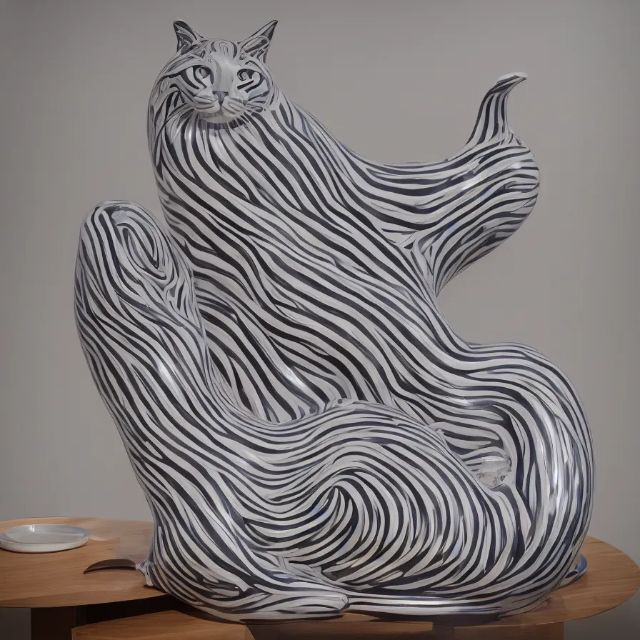 Image similar to beautiful gallery show studio photograph of a giant realistic curvy ceramic sculpture of a long cat!!!!!, glazed by bridget riley and victor vasarely, placed on a polished wooden table, colorful hyperrealism 8 k trending on artstation