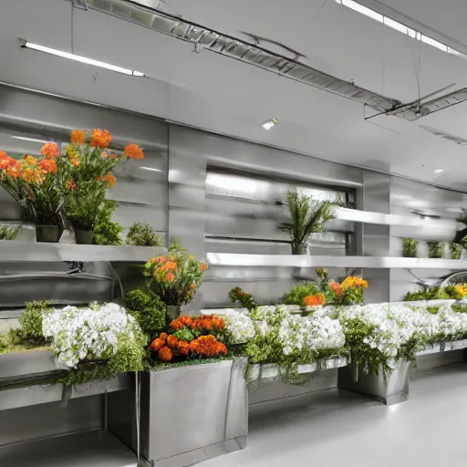 Image similar to flower shop design by white science labotory, made of stainless steel