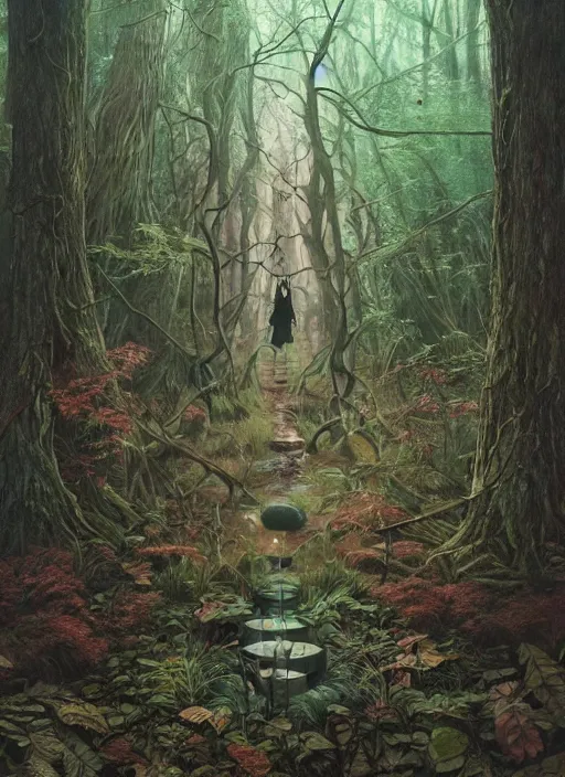 Image similar to a hyper realistic witch shrine in the woods gorgeous lighting, lush forest foliage painting by chiara bautista and beksinski and norman rockwell and greg rutkowski weta studio, and lucasfilm