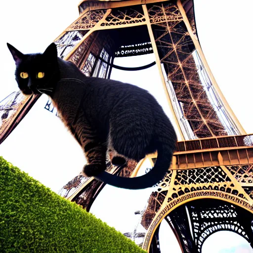 Image similar to high-resolution photograph of a giant cat riding the eiffel tower