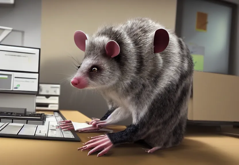 Prompt: possum dressed as an office worker, working on a desktop computer, in a 1980s office, old photo, colorized, trending on Artstation, award-winning