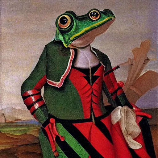 Prompt: frog in harlequin costume in renaissance oil painting