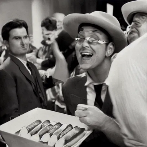 Image similar to an auctioneer gets excited seeing a priceless delicious hot dog, promotional photo, movie still, cinematic,