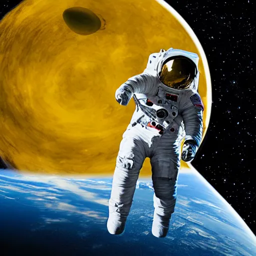 Image similar to astronaut in space, galactic background reflections on suit on one side and a yellow planet on the other side