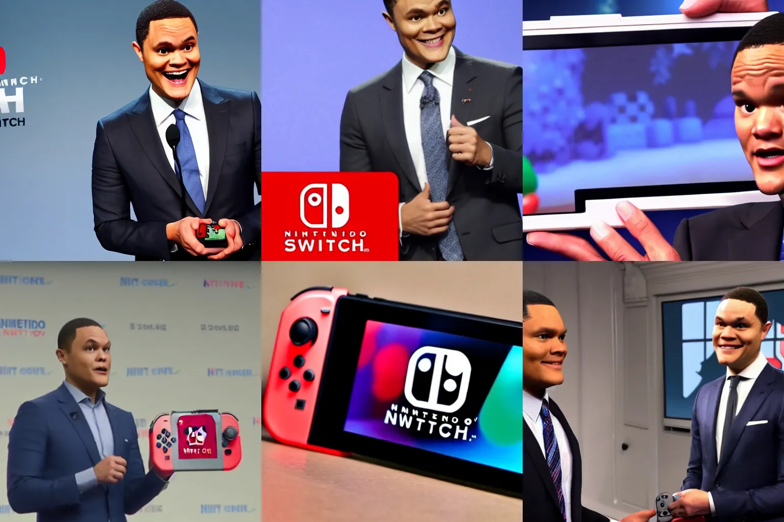 Prompt: president of nintendo of america reggie trevor noah presents nintendo switch home console, nintendo direct presentation, closeup face