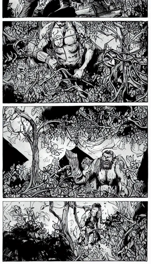 Prompt: multi - panel page from a highly detailed horror comic. a handsome rugged bearded man treks through a rainforest. finds an ancient temple. ink.