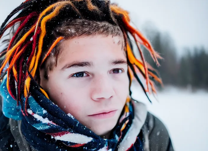 Image similar to dslr photo portrait of a boy, with colored dread hair in snow, sunrise, 8 k, 8 5 mm f 1. 4