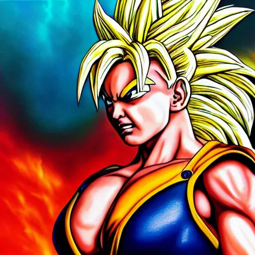 Image similar to ultra realistic portrait painting of britney spears as super saiyan, art by akira toriyama, 4 k, dragon ball artstyle, cel shaded, highly detailed, epic lighting