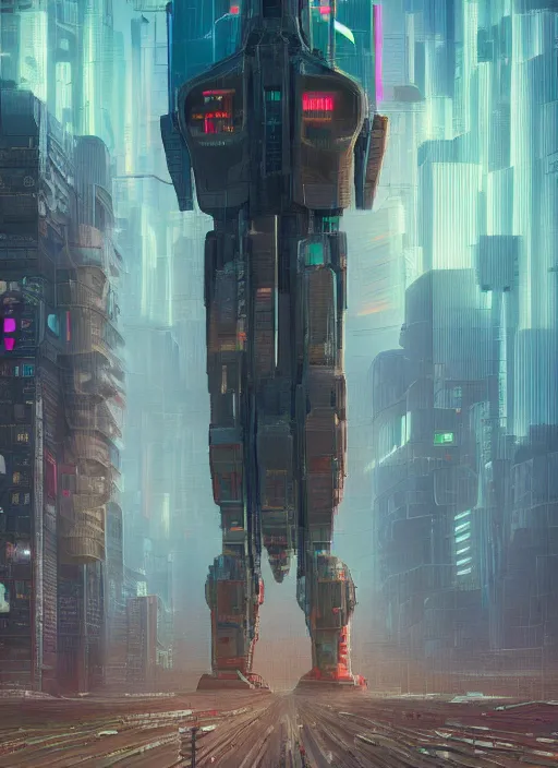 Image similar to a painting of a giant robot standing in front of a city, cyberpunk art by mike winkelmann, behance contest winner, nuclear art, dystopian art, apocalypse art, sci - fi