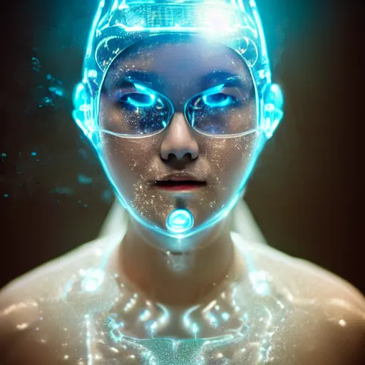 Image similar to beautiful centered fine art photo portrait of hoyeon jung as a solarpunk robotic humanoid treading on water, white mechanical parts with led lights, ultra - detailed and intricate, sun lighting, soft focus, slow exposure hdr 8 k