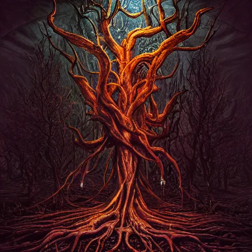 Image similar to Photorealistic demonic eldritch tree in the style of Michael Whelan and Gustave Dore. Hyperdetailed photorealism, 108 megapixels, amazing depth, glowing rich colors, powerful imagery, psychedelic Overtones, 3D finalrender, 3d shading, cinematic lighting, artstation concept art