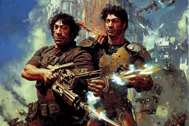 Image similar to portrait of javier bardem as the punisher blasting a hell baron with a shotgun, john berkey, lawrence alma tadema, rick berry, norman rockwell, doom, arstation, greg rutkowski