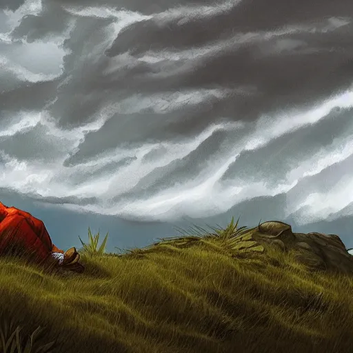 Image similar to a regretful man on a hill and storm is coming, digital painting, futured, ultra detailed