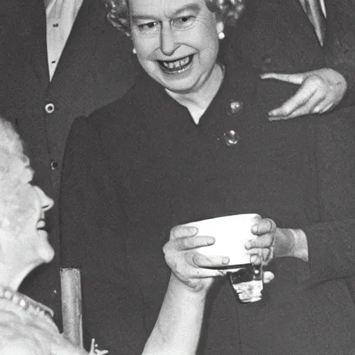 Image similar to Queen Elizabeth drinking beer from a shoe