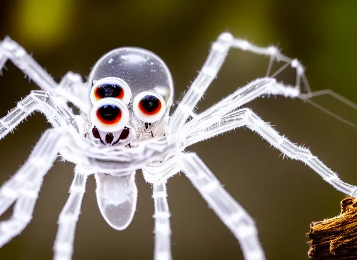 Prompt: super macro of a clear transparent white glass crystal spider with big eyes sitting on a flower, in the forest. Fantasy magic style. Highly detailed 8k. Intricate. Nikon d850 300mm. Award winning photography.