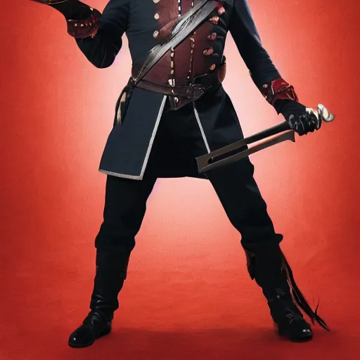 Image similar to photo of elon musk as a musketeer, he has a big black hat with a red feather, he is holding a shiny rapier sword and he is looking straight to the camera, brown background, studio lighting, 4 k, 8 k